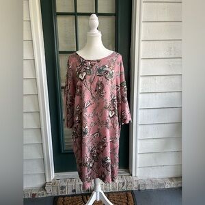 Masai tunic dress in pink with green and cream floral design. Made in India.